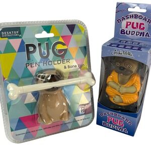 Pug Pen Holder Bone Pen Paladone & Archie McPhee Dashboard Pug Buddha Set NEW